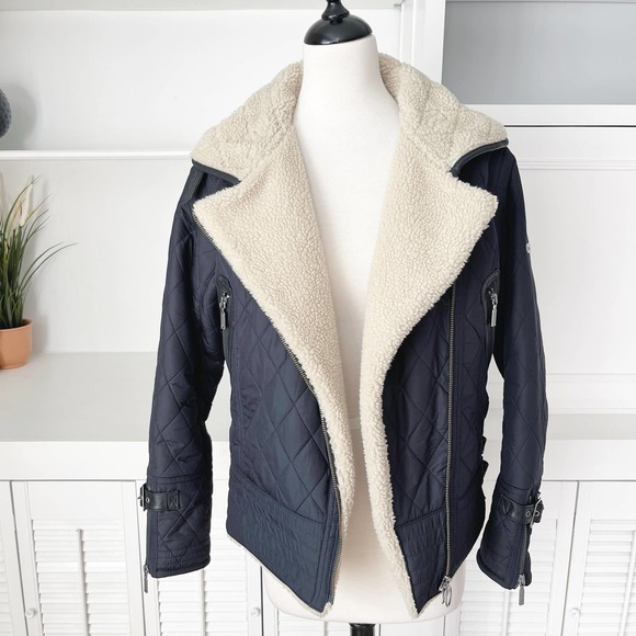 Barbour Navy Blue Quilted Battalion Sherpa Lined Moto Jacket Size M/8 - Picture 2 of 11